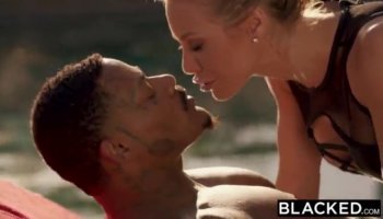 Amateur ebony chick masturbates with a vibrator before gets hard white cock